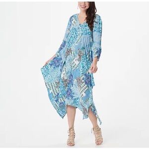 New Tolani Collection Blue and White Patterned Asymmetrical Maxi Dress 1X